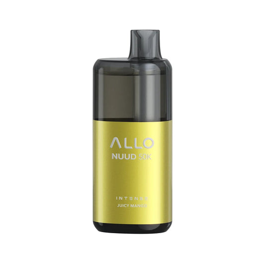 An ALLO NUUD 50K Intense Juicy Mango disposable vape featuring a metallic yellow body with a translucent black mouthpiece and top section.
