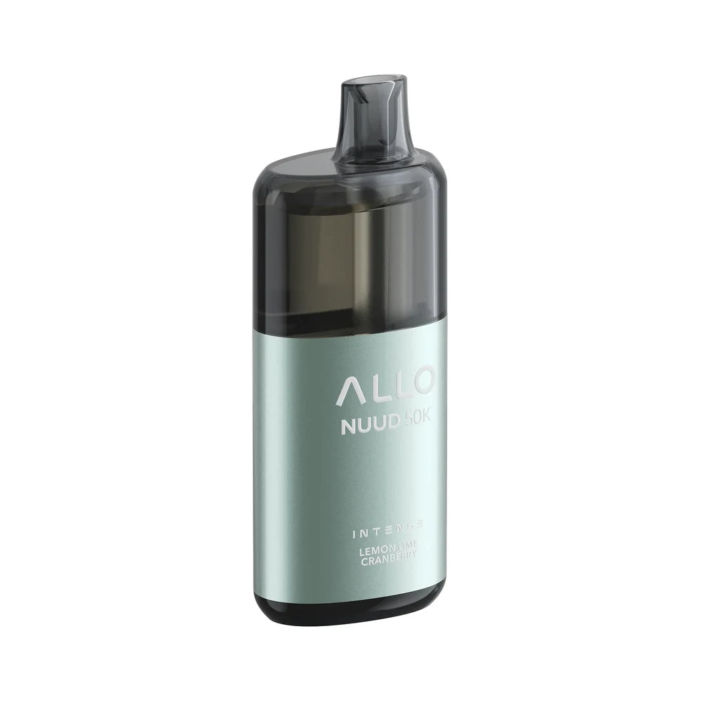 An ALLO NUUD 50K Intense Lemon Lime Cranberry disposable vape featuring a metallic light green body with a translucent black mouthpiece and top section.