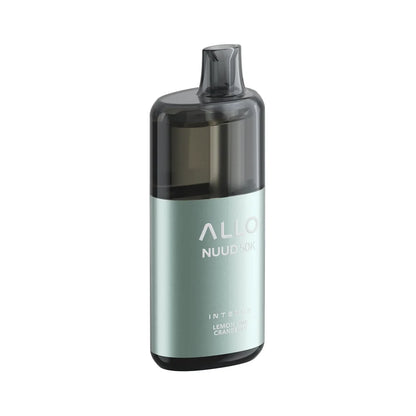 An ALLO NUUD 50K Intense Lemon Lime Cranberry disposable vape featuring a metallic light green body with a translucent black mouthpiece and top section.
