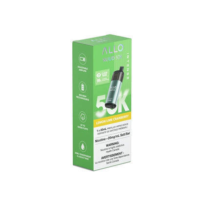 A lime green box for the Allo Nuud 50K Intense Lemon Lime Cranberry disposable vape featuring an image of the metallic teal device, 50K branding, and a health warning label.