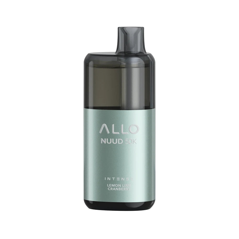An ALLO NUUD 50K Intense Lemon Lime Cranberry disposable vape featuring a metallic mint green body with a translucent dark grey mouthpiece and top section.