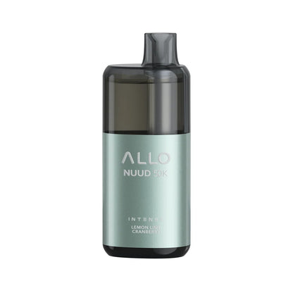 An ALLO NUUD 50K Intense Lemon Lime Cranberry disposable vape featuring a metallic mint green body with a translucent dark grey mouthpiece and top section.