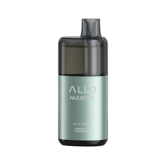 An ALLO NUUD 50K Intense Lemon Lime Cranberry disposable vape featuring a metallic mint green body with a translucent dark grey mouthpiece and top section.