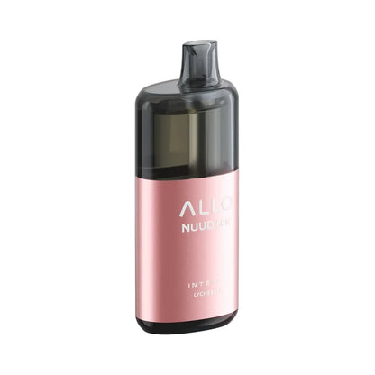 An ALLO NUUD 50K Intense Lychee Ice disposable vape featuring a metallic pink body with white text and a translucent dark grey mouthpiece and top section.