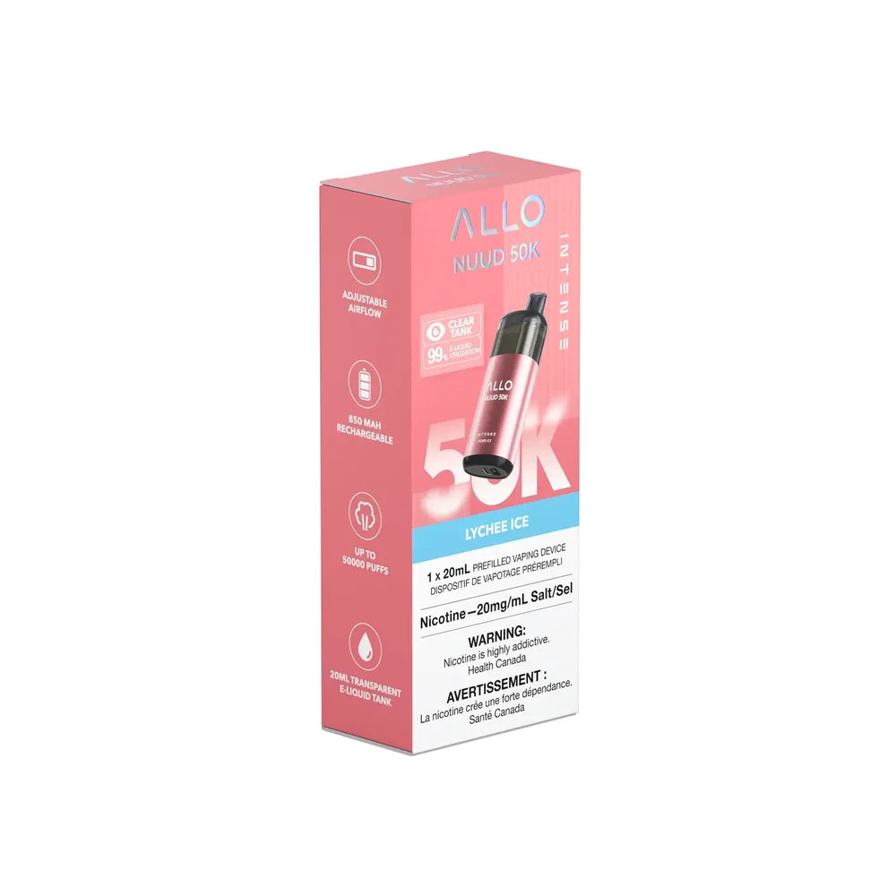 An Allo Nuud 50K Intense Lychee Ice disposable vape device and its pink cardboard packaging featuring product specifications and a nicotine warning label.