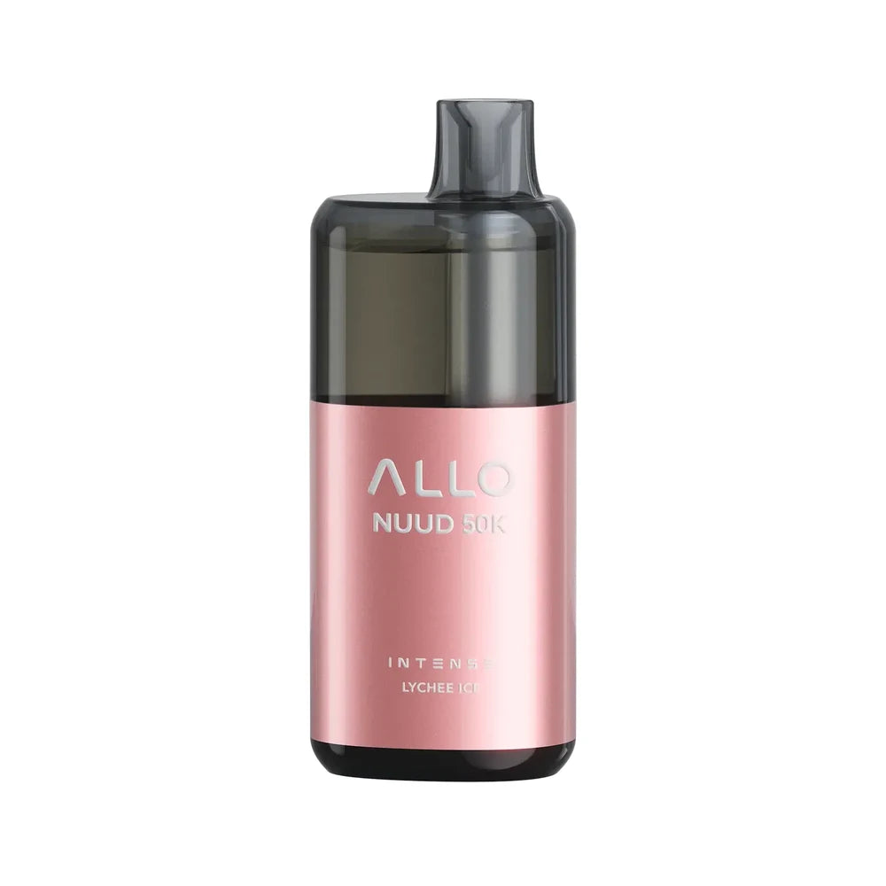 An ALLO NUUD 50K Intense Lychee Ice disposable vape featuring a metallic pink body with a translucent black top and mouthpiece, displaying the ALLO NUUD 50K and Intense Lychee Ice branding.