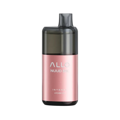 An ALLO NUUD 50K Intense Lychee Ice disposable vape featuring a metallic pink body with a translucent black top and mouthpiece, displaying the ALLO NUUD 50K and Intense Lychee Ice branding.