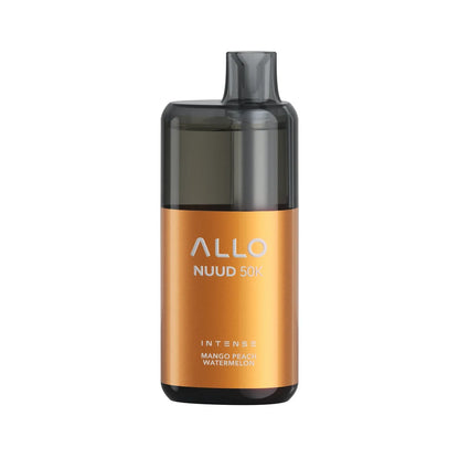 An ALLO NUUD 50K Intense Mango Peach Watermelon disposable vape featuring a metallic orange body with a translucent black mouthpiece and top section.