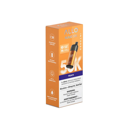 An orange and white box for the ALLO NUUD 50K INTENSE Peach disposable vape, featuring a 20mL transparent e-liquid tank, 850 mAh rechargeable battery, and 20mg/mL nicotine salt warning labels.