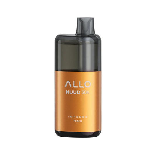 Allo Nuud 50K Intense Peach disposable vape featuring a metallic orange body with a translucent black mouthpiece and top chamber.