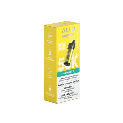 A yellow and teal box for the Allo Nuud 50K Intense Pineapple Ice disposable vape featuring an image of the gold and black device with a clear tank.