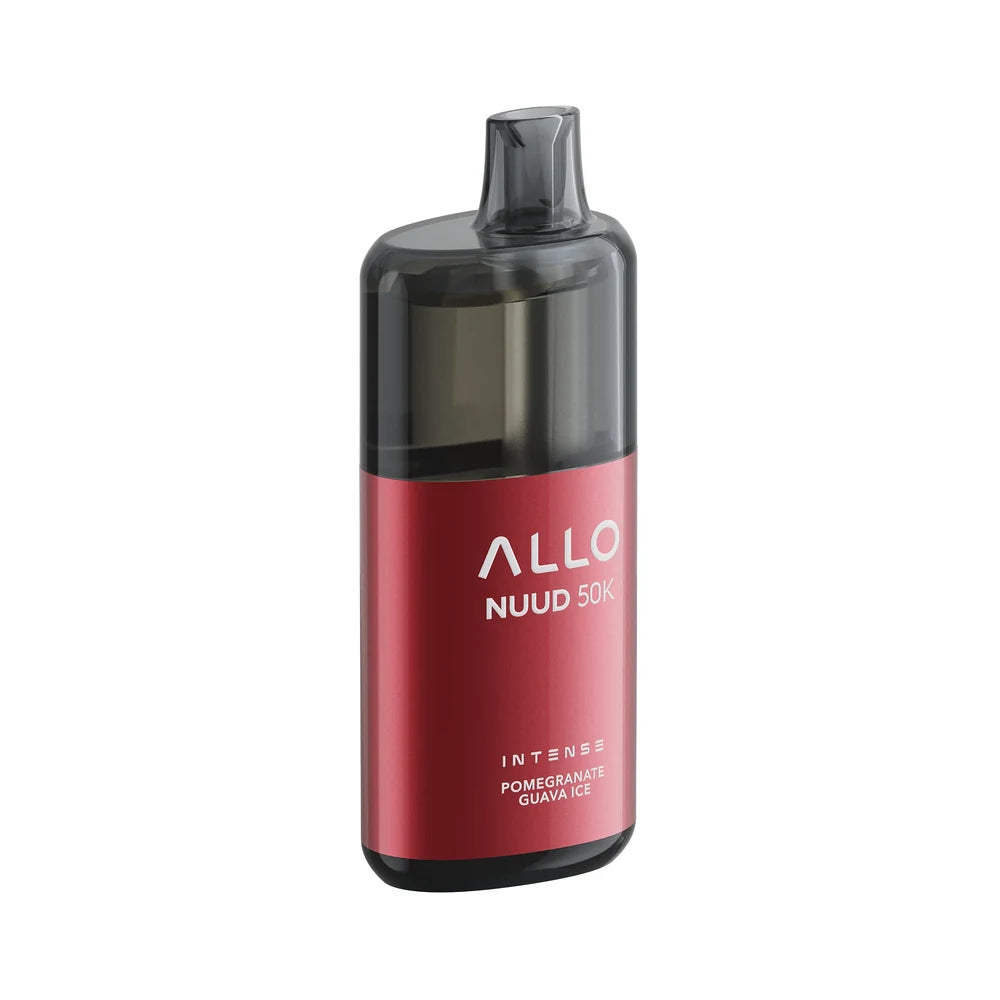 An ALLO NUUD 50K Intense Pomegranate Guava Ice disposable vape featuring a metallic red body with a translucent black mouthpiece and top section.