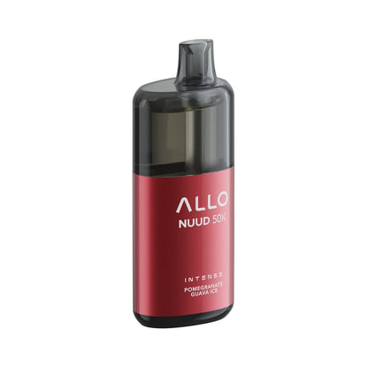 An ALLO NUUD 50K Intense Pomegranate Guava Ice disposable vape featuring a metallic red body with a translucent black mouthpiece and top section.