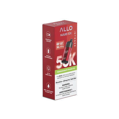 Allo Nuud 50K Intense Pomegranate Guava Ice disposable vape packaging in red and white featuring a clear tank device illustration, 50,000 puff count, and 20mg/mL nicotine salt warning labels.