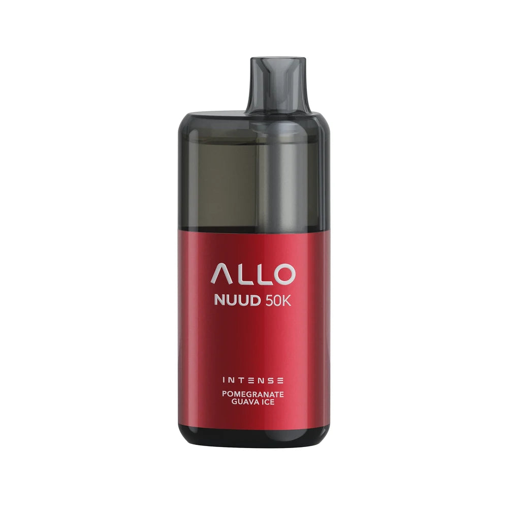 An ALLO NUUD 50K Intense Pomegranate Guava Ice disposable vape featuring a metallic red body with a translucent black mouthpiece and top section.