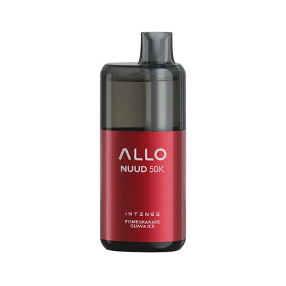 An ALLO NUUD 50K Intense Pomegranate Guava Ice disposable vape featuring a metallic red body with a translucent black mouthpiece and top section.
