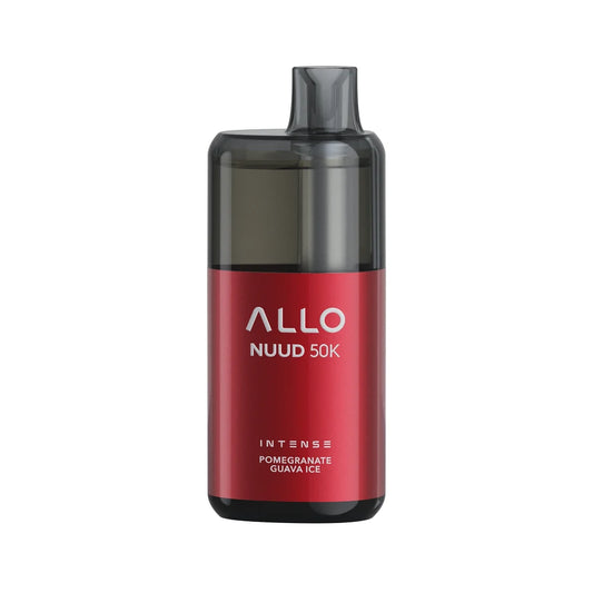 An ALLO NUUD 50K Intense Pomegranate Guava Ice disposable vape featuring a metallic red body with a translucent black mouthpiece and top section.