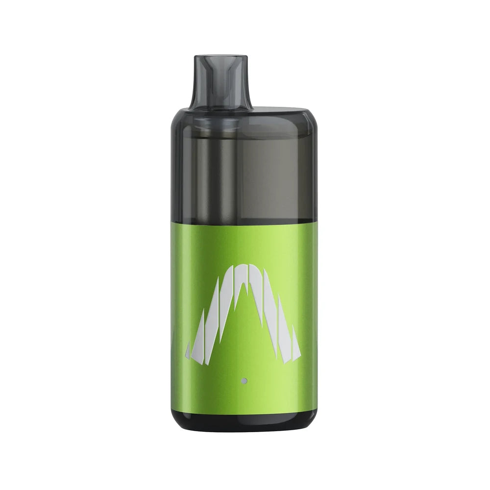 An ALLO NUUD 50K INTENSE Spearmint disposable vape featuring a lime green metallic body with a white geometric logo and a translucent dark grey mouthpiece.