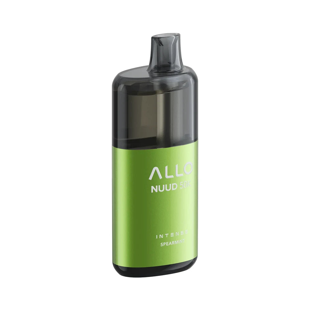 An ALLO NUUD 50K Intense Spearmint disposable vape featuring a metallic lime green body with a translucent black mouthpiece and top section.