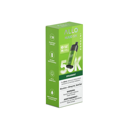 A green and white box for the ALLO NUUD 50K Intense Spearmint disposable vape featuring product specifications and a health warning against a solid grey background.