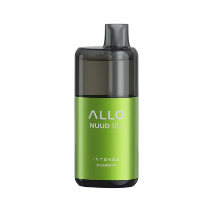 An Allo Nuud 50K Intense Spearmint disposable vape featuring a metallic green body with a translucent black mouthpiece and top section, displaying the text Allo Nuud 50K Intense Spearmint on the front.