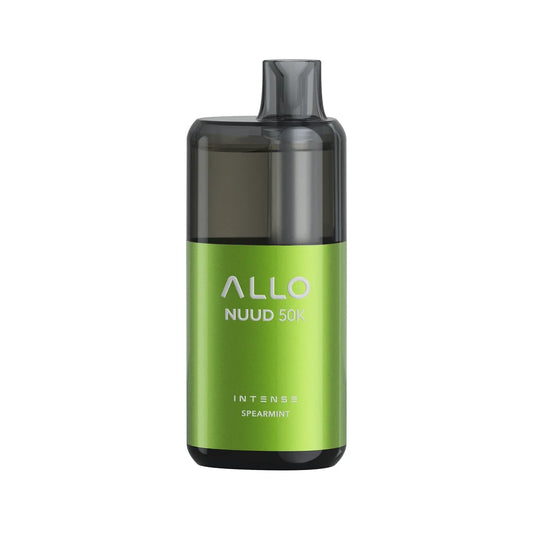 An Allo Nuud 50K Intense Spearmint disposable vape featuring a metallic green body with a translucent black mouthpiece and top section, displaying the text Allo Nuud 50K Intense Spearmint on the front.