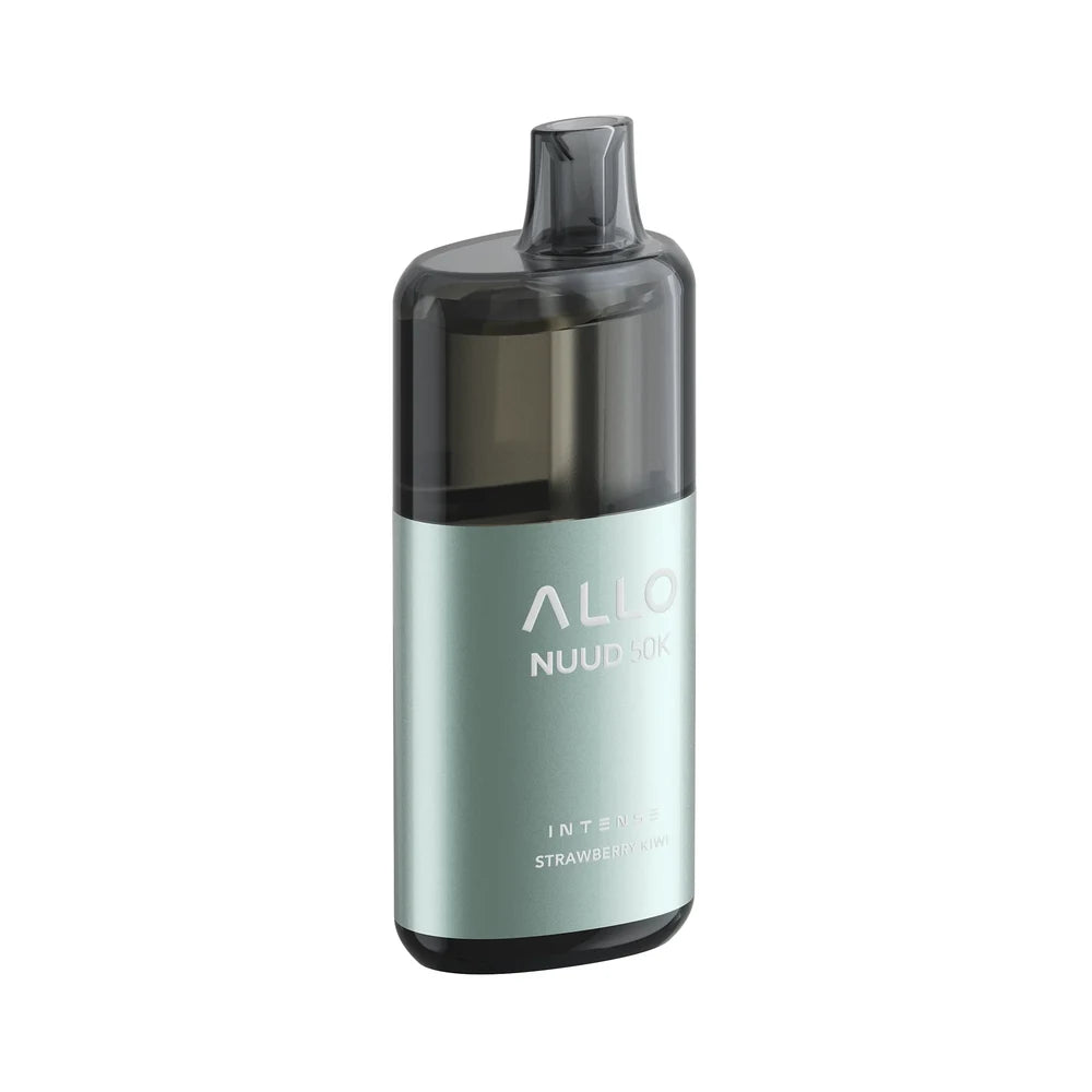 An ALLO NUUD 50K Intense Strawberry Kiwi disposable vape featuring a light teal metallic body with a translucent black mouthpiece and top section.
