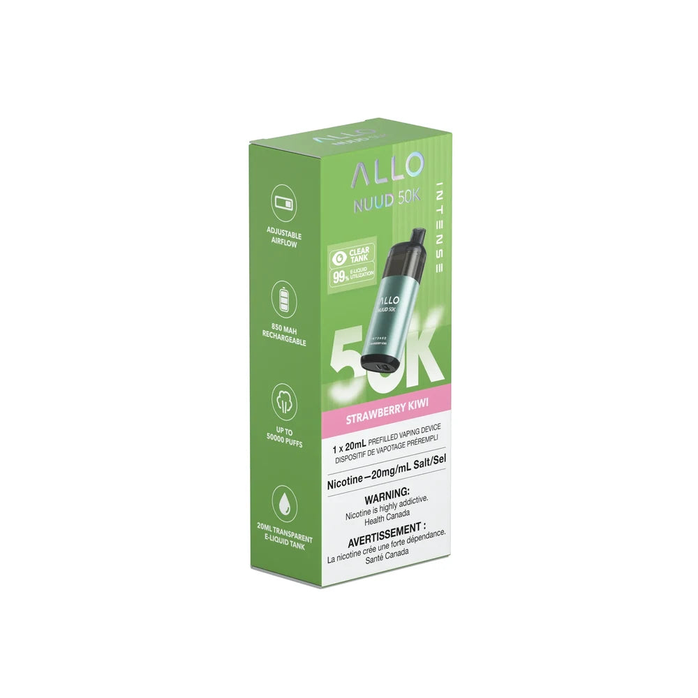 A green and white box for the ALLO NUUD 50K Intense Strawberry Kiwi disposable vape featuring a 20mL transparent e-liquid tank, 850 mAh rechargeable battery, and adjustable airflow.