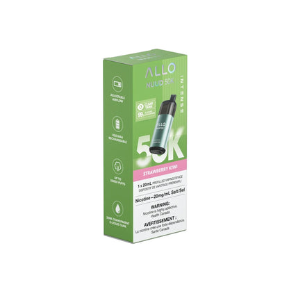 A green and white box for the ALLO NUUD 50K Intense Strawberry Kiwi disposable vape featuring a 20mL transparent e-liquid tank, 850 mAh rechargeable battery, and adjustable airflow.