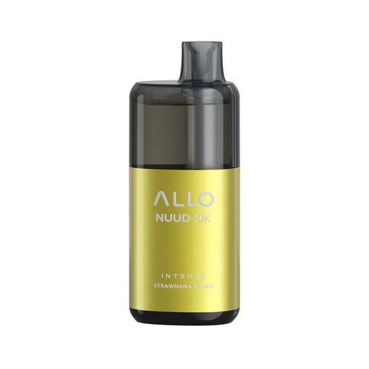 An ALLO NUUD 50K INTENSE Strawnana Dream disposable vape featuring a metallic yellow body and a translucent black mouthpiece, with the text ALLO NUUD 50K and STRAWNANA DREAM printed on the front.