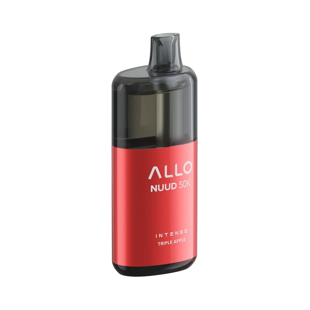 An ALLO NUUD 50K Intense Triple Apple disposable vape featuring a red metallic body with a translucent black mouthpiece and top section.