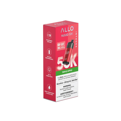The ALLO NUUD 50K Intense Triple Apple disposable vape is shown in its red and white cardboard packaging, featuring a clear tank design and 20mg/mL nicotine salt labeling.
