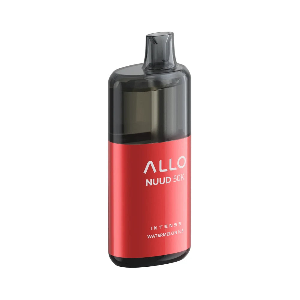 An ALLO NUUD 50K Intense Watermelon Ice disposable vape featuring a metallic red body with a translucent black mouthpiece and top section.