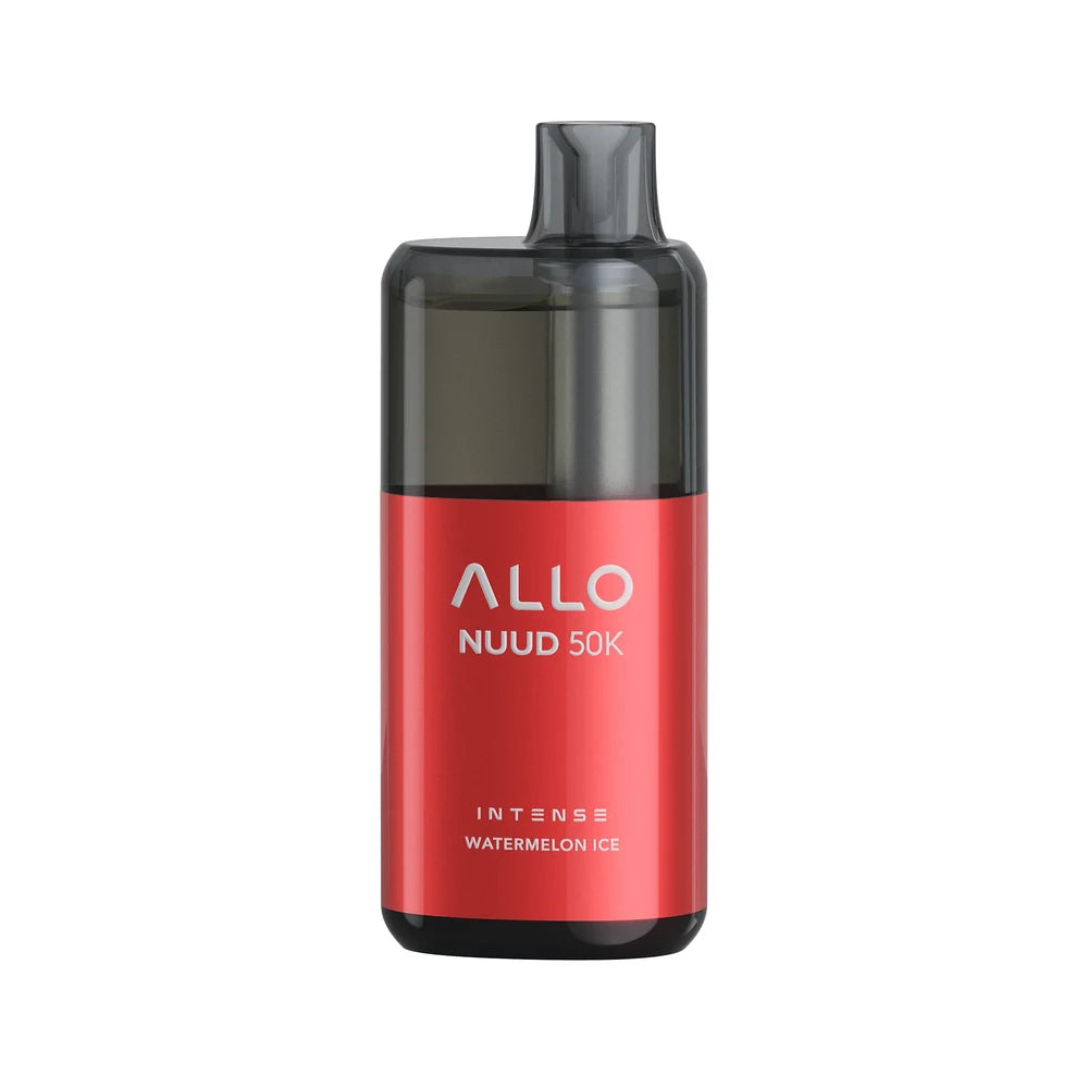 An ALLO NUUD 50K INTENSE Watermelon Ice disposable vape featuring a red metallic body, a translucent black mouthpiece, and white text on a plain white background.