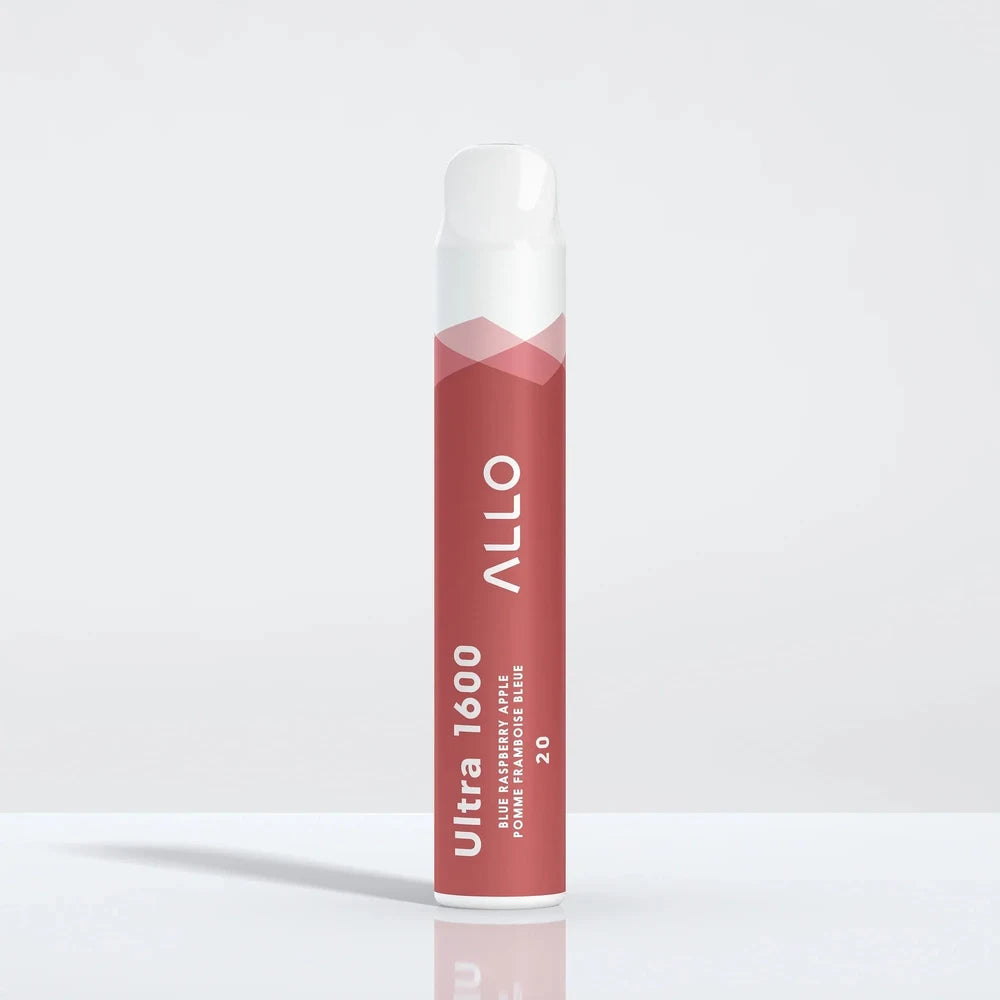 An ALLO Ultra 1600 Blue Raspberry Apple disposable vape with a red cylindrical body and white mouthpiece, featuring the ALLO logo and flavor text printed vertically.