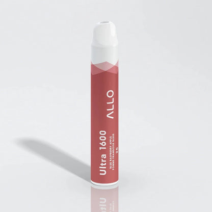 An Allo Ultra 1600 Blue Raspberry Apple disposable vape featuring a red cylindrical body with a white mouthpiece and text reading Ultra 1600, Blue Raspberry Apple, and Allo.