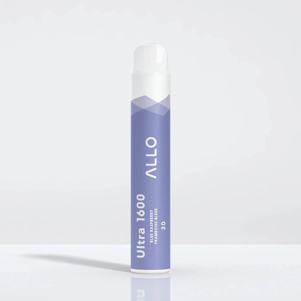 Allo Ultra 1600 Blue Raspberry disposable vape featuring a purple cylindrical body with a white mouthpiece and text reading Allo Ultra 1600 Blue Raspberry Framboise Bleue 20.