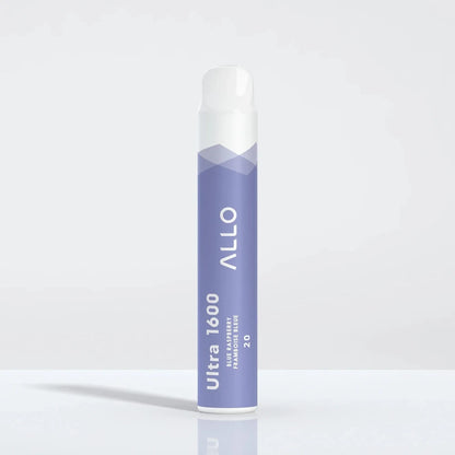 Allo Ultra 1600 Blue Raspberry disposable vape featuring a purple cylindrical body with a white mouthpiece and text reading Allo Ultra 1600 Blue Raspberry Framboise Bleue 20.