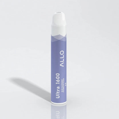 A blue Allo Ultra 1600 disposable vape with a white mouthpiece, featuring the text Allo, Ultra 1600, Blue Raspberry, and Framboise Bleue on a light grey background.