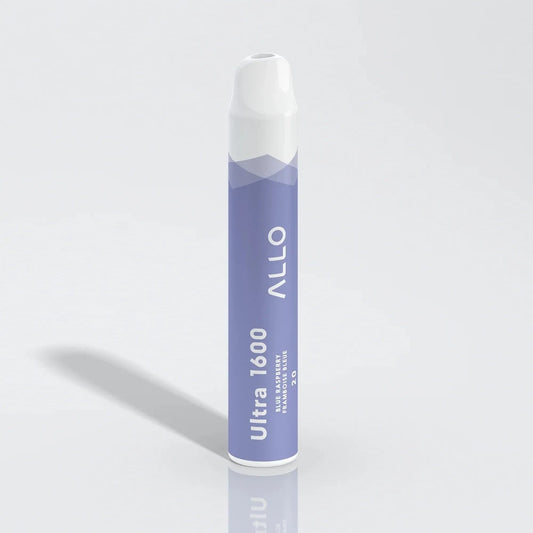 A blue Allo Ultra 1600 disposable vape with a white mouthpiece, featuring the text Allo, Ultra 1600, Blue Raspberry, and Framboise Bleue on a light grey background.