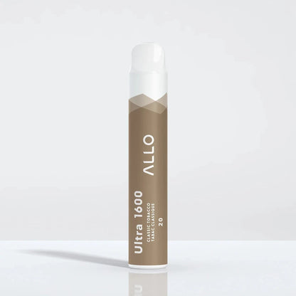 A brown and white Allo Ultra 1600 disposable vape featuring the text Allo, Ultra 1600, Classic Tobacco, and 20 on a plain white background.