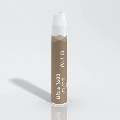 A brown and white Allo Ultra 1600 disposable vape featuring the Allo logo and text reading Ultra 1600 Classic Tobacco Tabac Classique 20, shown upright against a plain white background.