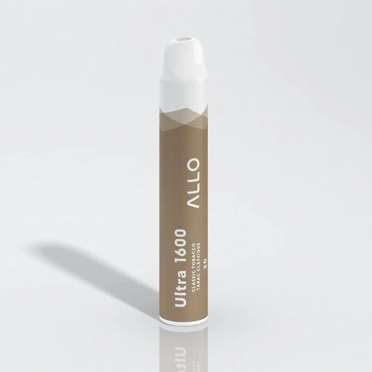 A brown and white Allo Ultra 1600 disposable vape featuring the Allo logo and text reading Ultra 1600 Classic Tobacco Tabac Classique 20, shown upright against a plain white background.