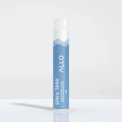 Allo Ultra 1600 Blue Raspberry Lemon disposable vape featuring a light blue cylindrical body with white and blue mountain graphics and a white mouthpiece.