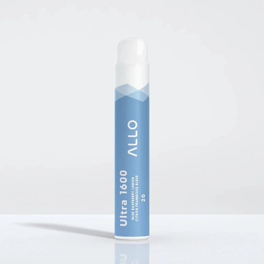 Allo Ultra 1600 Blue Raspberry Lemon disposable vape featuring a light blue cylindrical body with white and blue mountain graphics and a white mouthpiece.