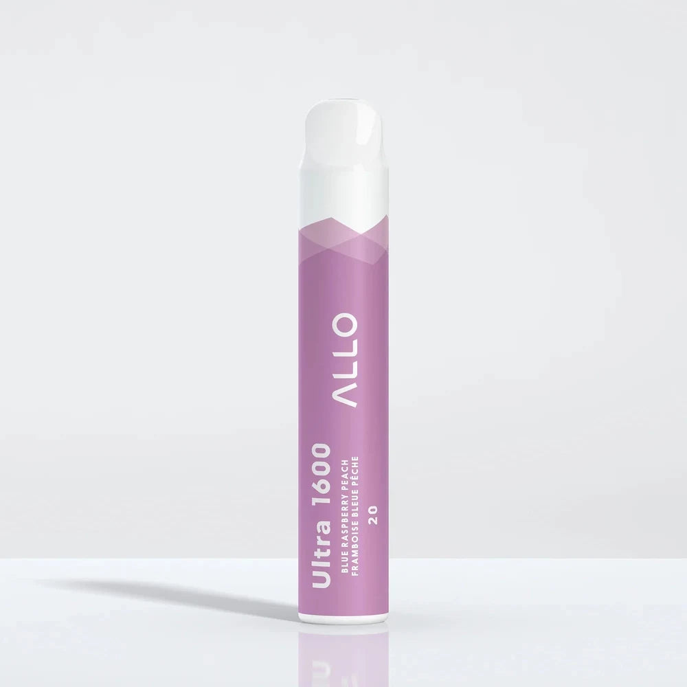 An Allo Ultra 1600 Blue Raspberry Peach disposable vape featuring a purple cylindrical body with a white mouthpiece, labeled with Allo and Ultra 1600 text against a plain white background.