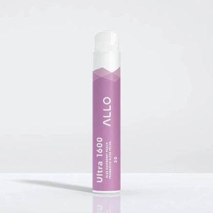 An Allo Ultra 1600 Blue Raspberry Peach disposable vape featuring a purple cylindrical body with a white mouthpiece, labeled with Allo and Ultra 1600 text against a plain white background.