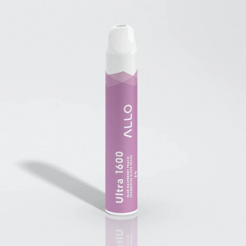 Allo Ultra 1600 Blue Raspberry Peach disposable vape featuring a purple cylindrical body with white accents and text reading Ultra 1600, Allo, and Blue Raspberry Peach.