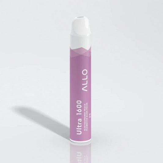 Allo Ultra 1600 Blue Raspberry Peach disposable vape featuring a purple cylindrical body with white accents and text reading Ultra 1600, Allo, and Blue Raspberry Peach.