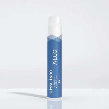 An Allo Ultra 1600 Blueberry Ice disposable vape featuring a blue cylindrical body with white text and a white mouthpiece against a plain light background.